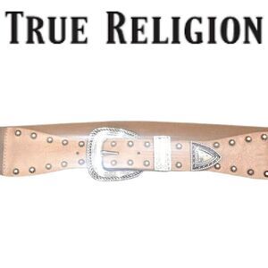 True Religion Chrome Studded Embellished Buckle Stretch Belt